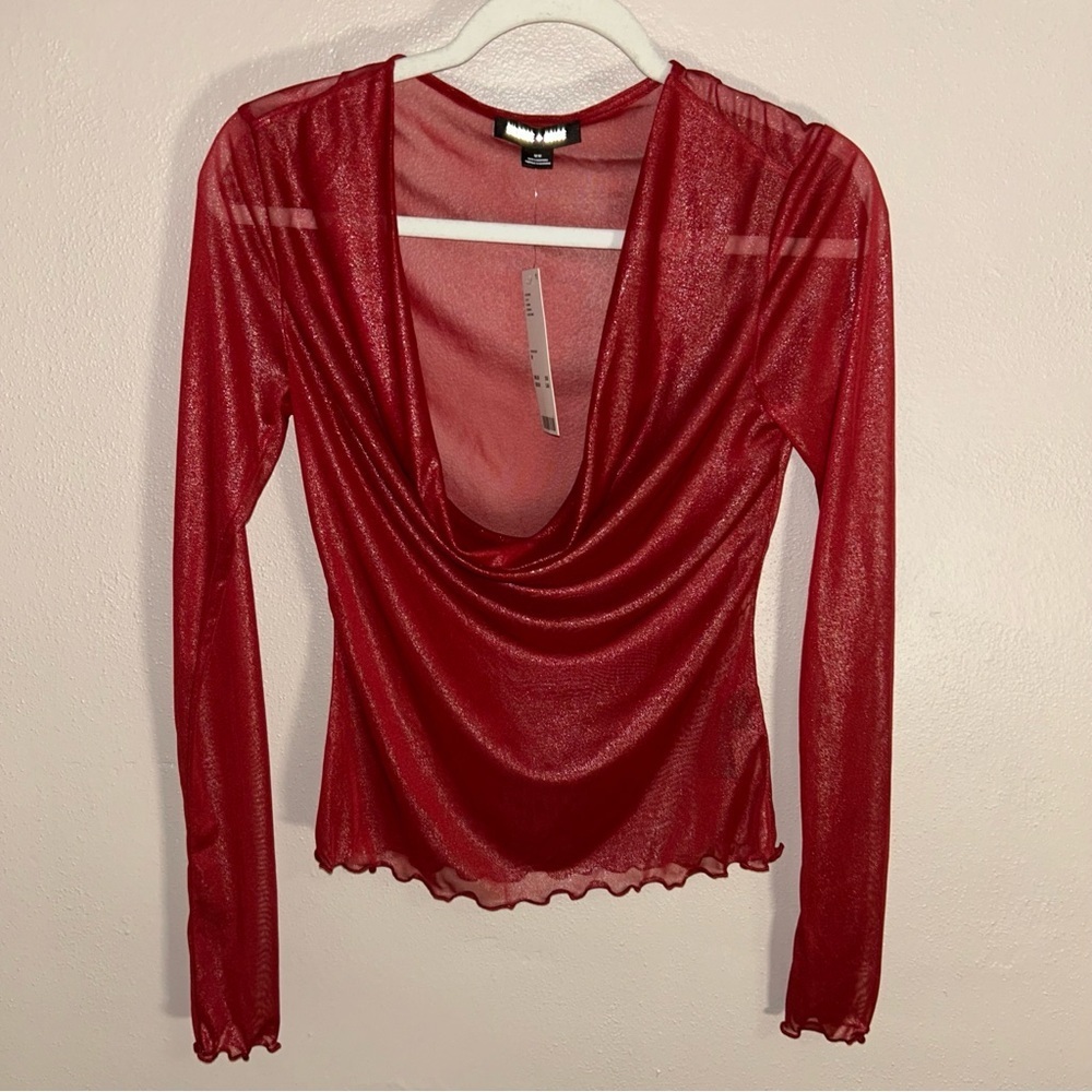 Silence + Noise Red Sheer mesh Drape gothic Blouse